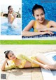 A woman in a yellow bikini laying on the edge of a swimming pool.