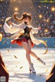 A woman in a red and black outfit skating on a ice rink.