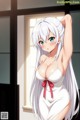 Anime girl with long white hair wearing a white dress.